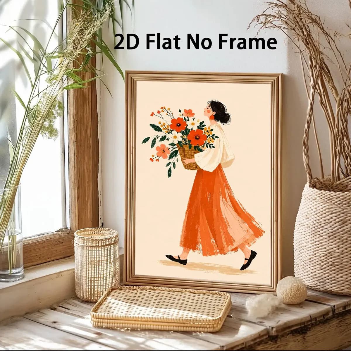 Minimalist Woman With Flower Basket Canvas Poster Wall Art,2D Print Wall Decor,Home Decor Gift For Living Room & Bedroom