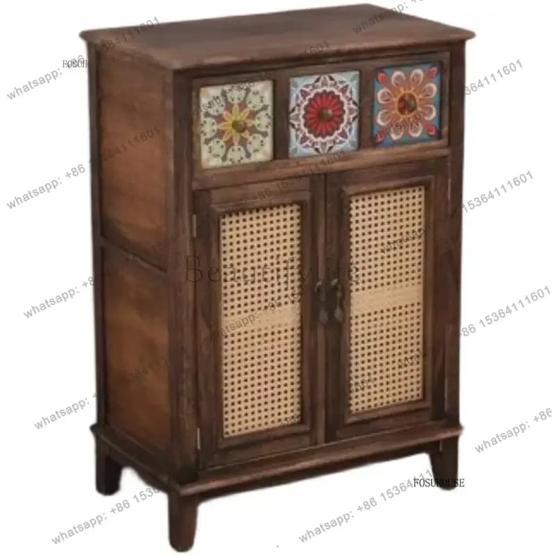 LSpastoral style Solid Wood Living Room Cabinets for Living Room Retro Sideboard Balcony Cabinets Rattan Storage Cabinet