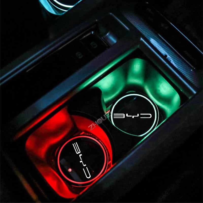 2Pcs 7 Colors LED Car Cup Holder Coaster Atmosphere Light Anti-Slip Water Cup Mat For BYD Atto 3 Song Han Tang EV Yuan Plus Qin
