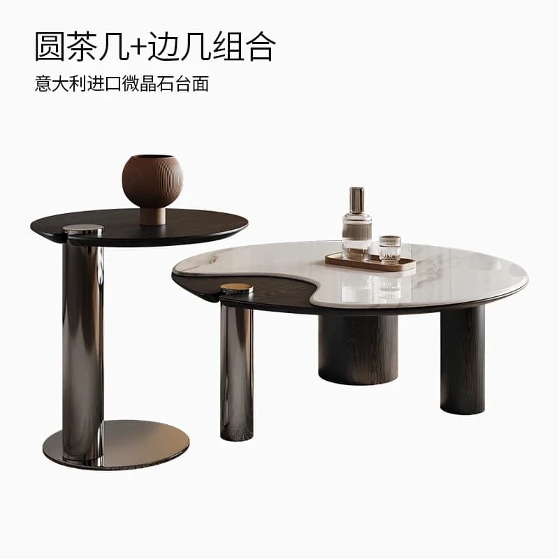 r8.12-microcrystalline stone coffee table combination Italian minimalist round medieval stainless steel