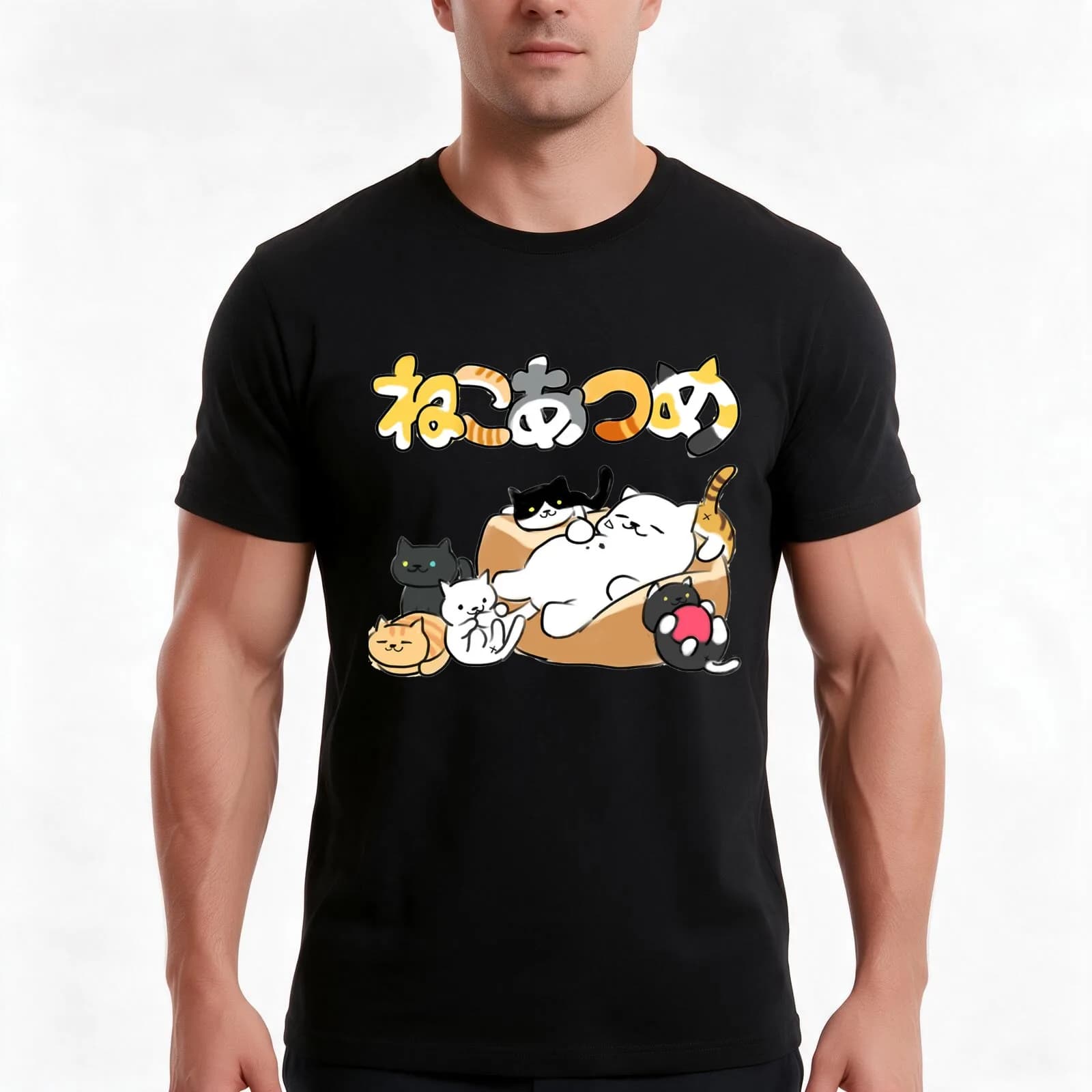 Neko atsume - Tubbs cat & more - Neko T-Shirt, Summer Casual Cotton Tee, Oversized Streetwear Tops, Vintage Graphic Print