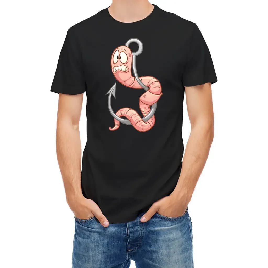 Cartoon Earthworm on Fishinger Hook Funny Fishman Angler T-Shirt. Summer Cotton Short Sleeve O-Neck Mens T Shirt New S-3XL