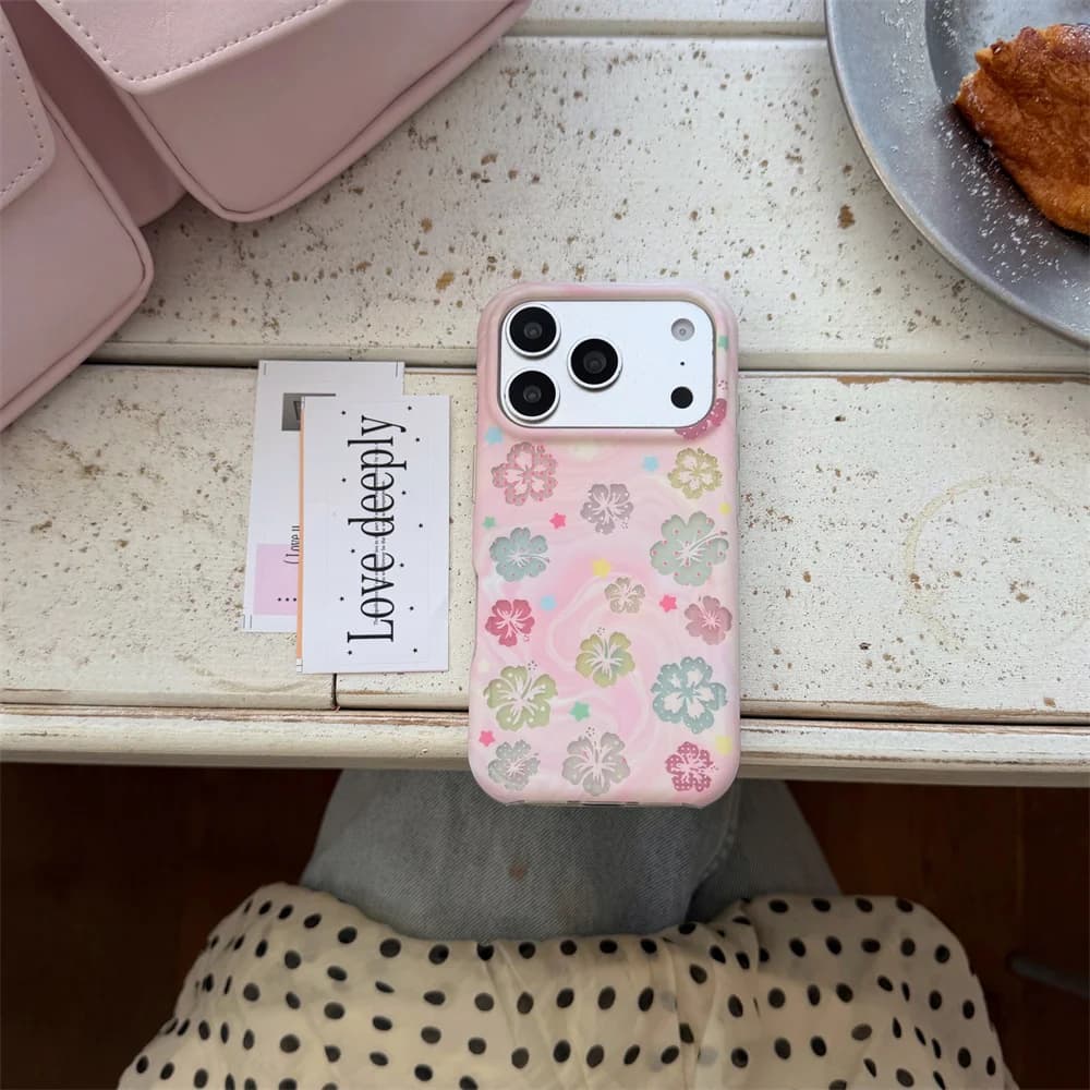 Korea Kawaii pink hollow flower Phone Case for iPhone 15 Pro 16 17 Pro Max Cover Cartoon Cute Cases lanyard Shockproof Funda