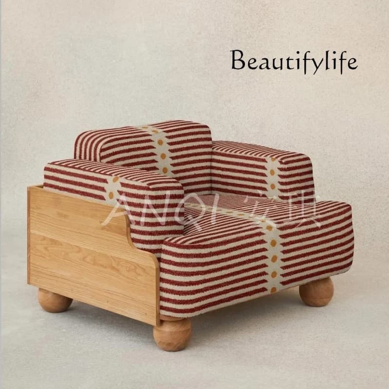 Medieval striped fabric solid wood base single sofa chair retro pastoral leisure sofa