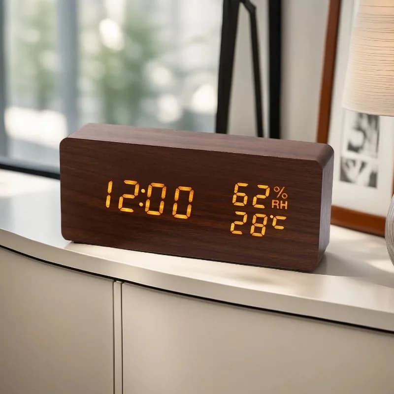 Nordic Creative Wood Grain Alarm Clock Simple Triangular Table Clock Temperature Glow Get Up Multifunctional Electronic Watch