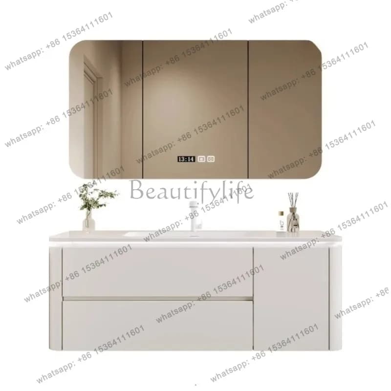 YJ  Skin Sense Integrated Basin Bathroom Cabinet Oak Washstand Combined Wash Pool Ceramic Integrated Basin Mirror Cabinet