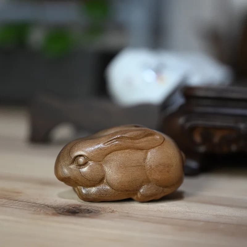 Golden Silk Nanmu Carved Rabbit Zodiac Wenwan Handle Piece Solid Wood Tea Pet Ornament Collectible Gift