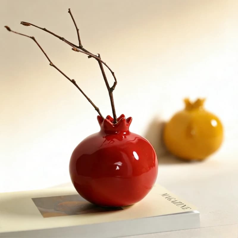 Ceramic Pomegranate Vase Figurine, New Chinese Style Red Lucky Decor, Living Room Wine Cabinet Art, Home Table Ornament