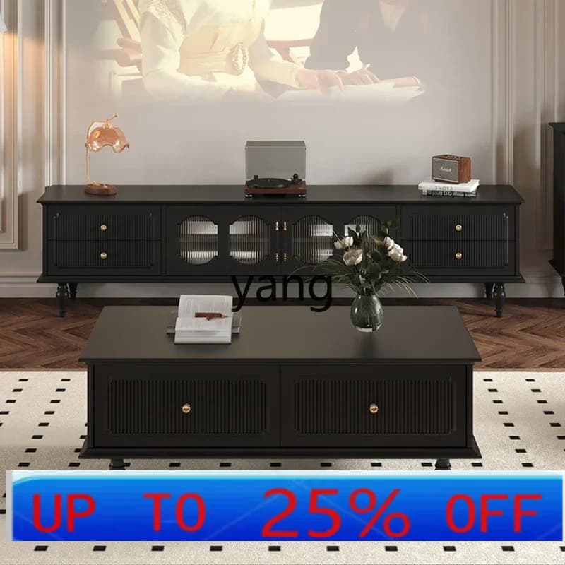 LHH solid wood TV cabinet medium antique small apartment living room retro black TV cabinet