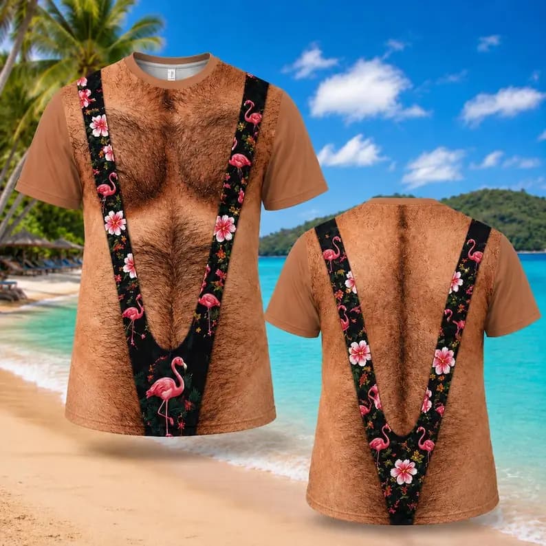 Men Funny 3D Leopard Print Suspender Bikini Fake Muscle Graphic T-Shirt Short Sleeve Novelty Beach Party Casual Streetwear Tees