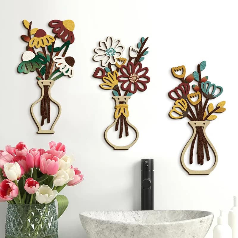 YFY wood art three-piece set retro plant flower wall decoration hollow pendant colorful potted wood wall decoration