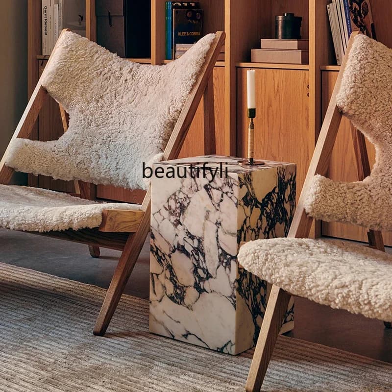 2 yj15 Italian Light Luxury Home Side Table Natural Marble Corner Table Model Room Villa Living Room Sofa Side Table