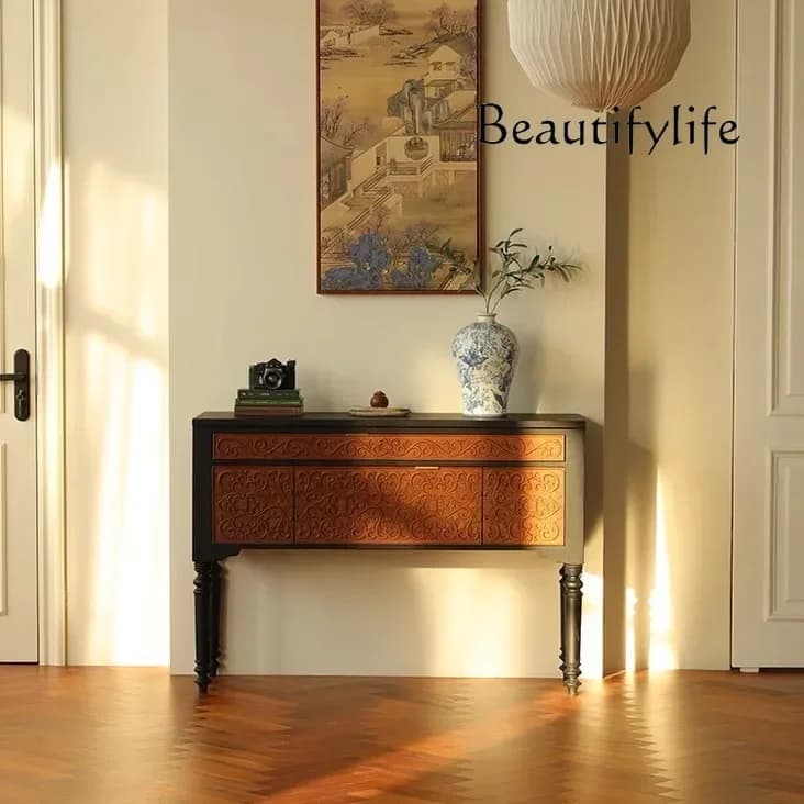J French solid wood retro entrance table, living room contrasting color creative home decoration cabinet, carved ash wood entran