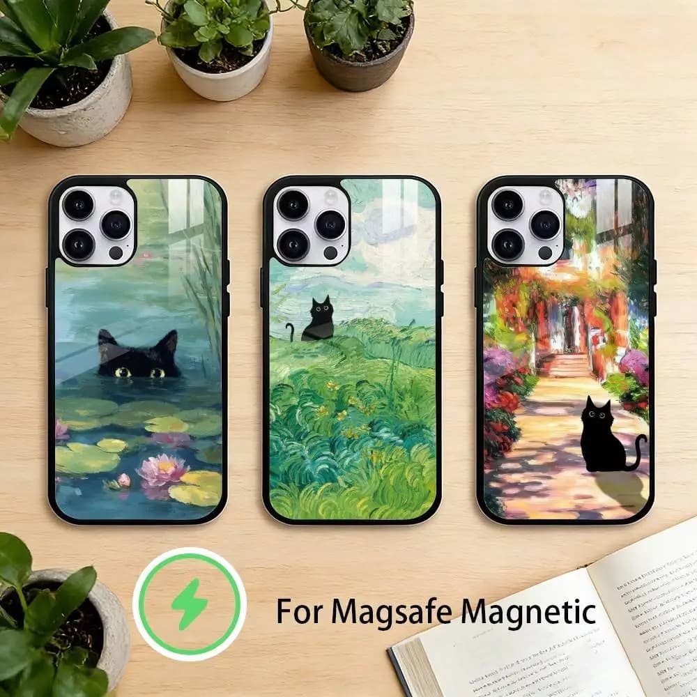 funny art matisse M-monet black cat Phone Case For iPhone 17 16 15 14 13 12 Pro Max Plus for Mirror Wireless Magnetic Cover