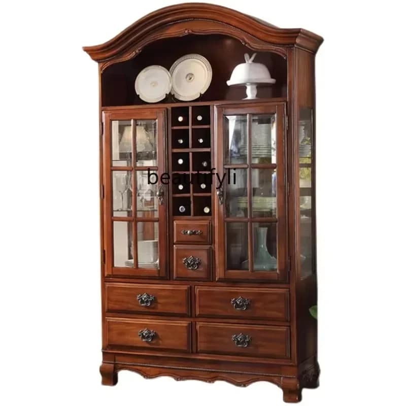 54Solid Wood Wine Cabinet High-End Wine Cabinet Glass Door Double Door European Style Villa Antique Wine Cabinet