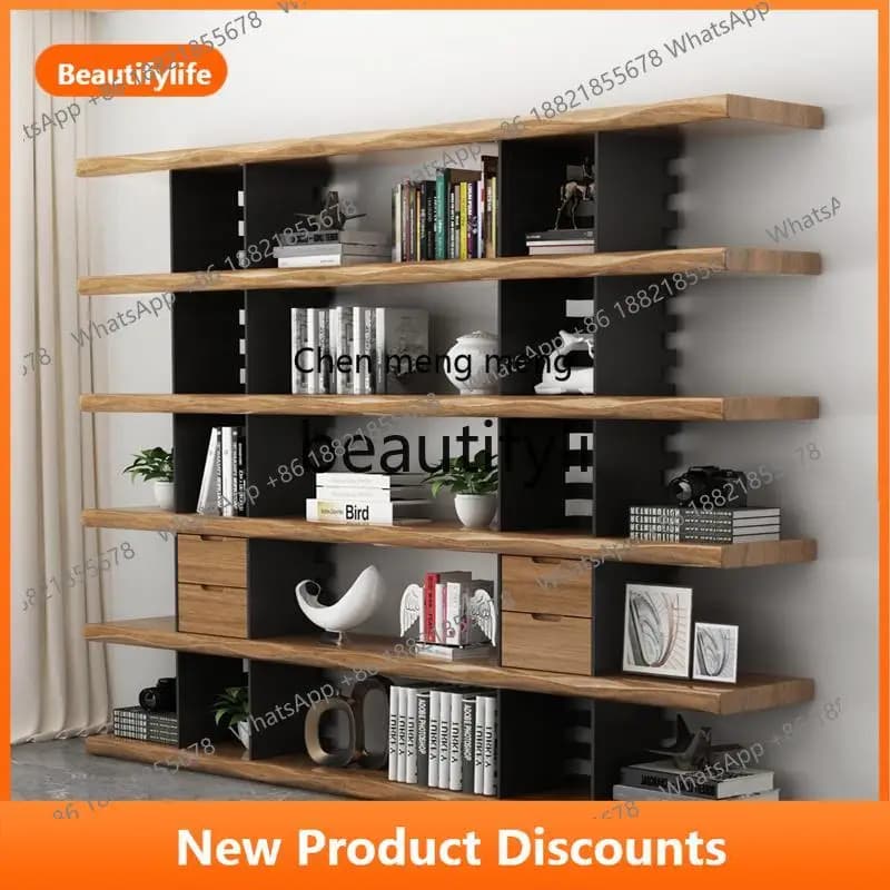 X Solid Wood Living Room Bookshelf Floor-standing Office Multi-layer Natural Wood Storage Background Display Shelf