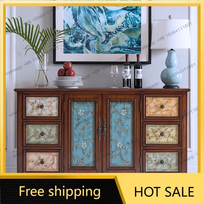XX. American all-solid wood retro painted cabinet European living room bedroom side cabinet