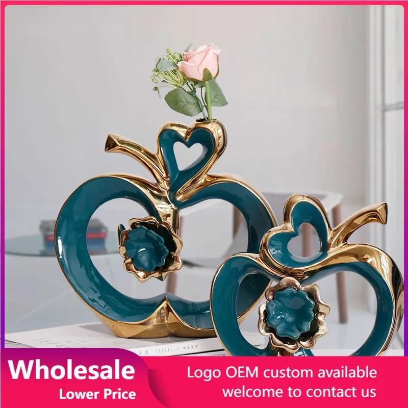 Creative Vase Heart-shaped Apple Sculpture Ceramic Bookshelf Tabletop Ornament Couple Gift Living Room Office Home Decoration