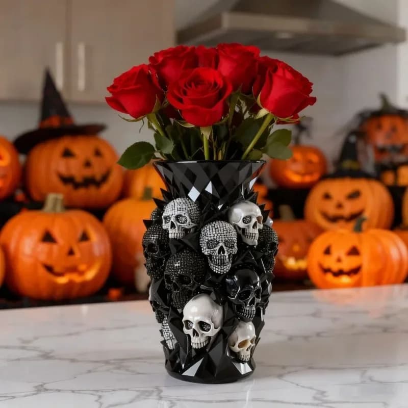 Gothic Resin Skull Vase Sculpture Ornament Black Halloween Flower Pot Planter Flower Vase Home Tabletop Party Decoration Gift