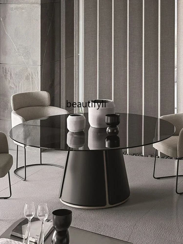 3 Italian-Style Light Luxury Tempered Glass Dining Tables and Chairs Set Household Stainless Steel Feet round One Table Six C