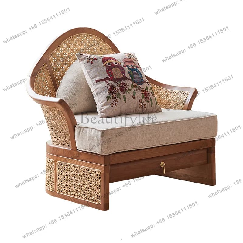 New Chinese solid wood wabi-sabi wind with drawers storage ash wood rattan sofa