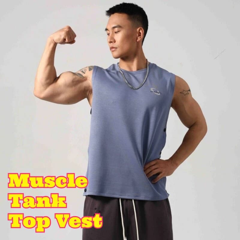Men's Muscle Fitness Sleeveless Tank Top Vest Snap Button Side Open Loose Casual Elastic Cotton Summer Gym Workout Breathable