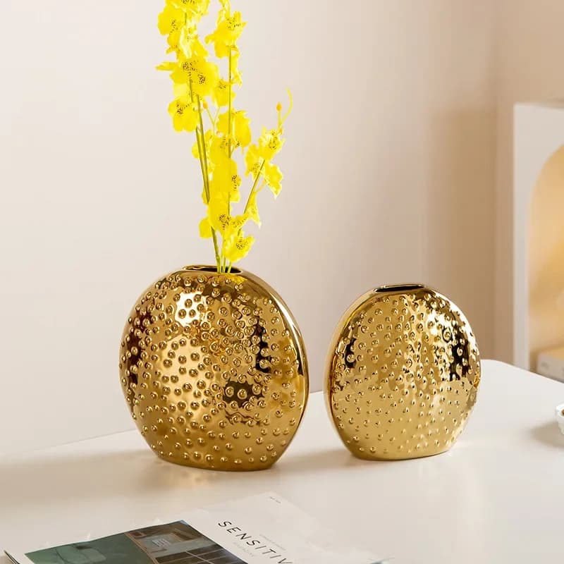 Golden Electroplated Ins Style Retro Ceramic Flower Vase Light Luxury Art Porcelain Floral Pot Soft Home Desktop Decor Ornament