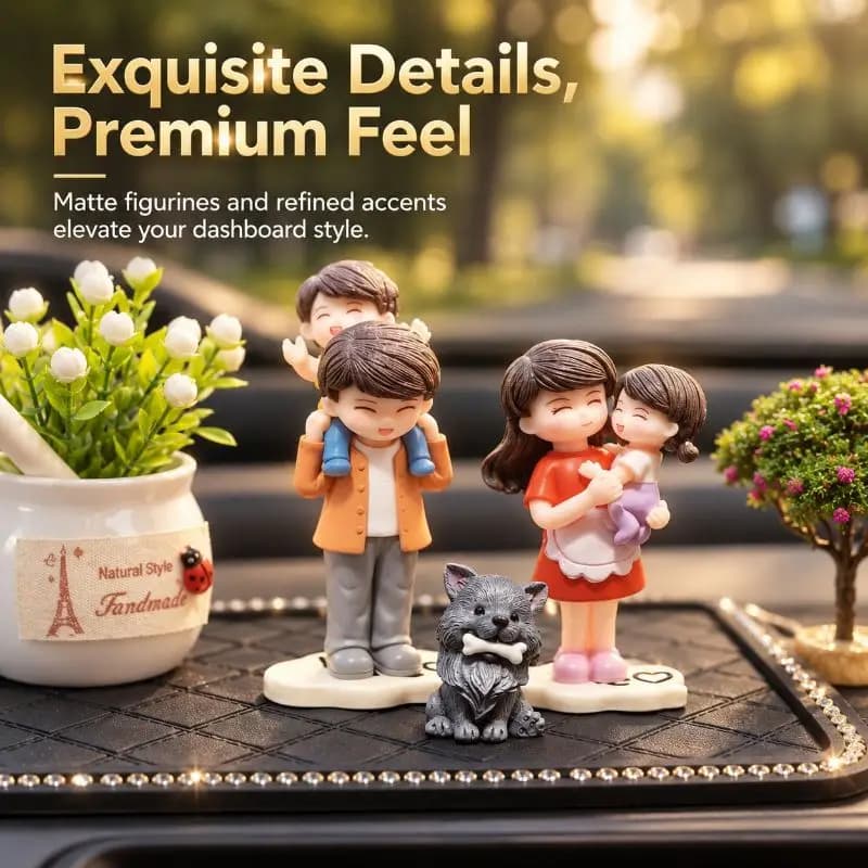 Warm Family Car Dashboard Decor Set Artificial Flowers Blooming Tree Cute Dog Micro Resin PVC Four-Member Figuri