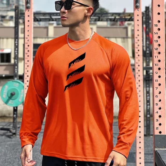 Spring and Autumn style simple three bar long sleeved men's T-shirt fashion round neck sports fitness essential men's clothing