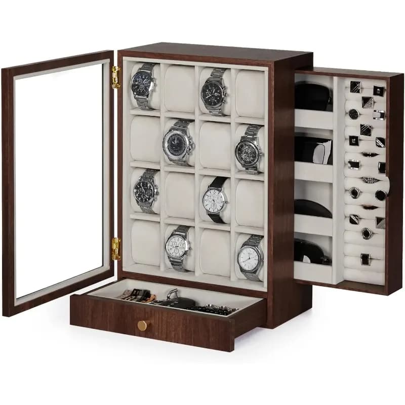 Large Wooden Watch Box with 16 Slots and Drawers for Men's Home Organizer
