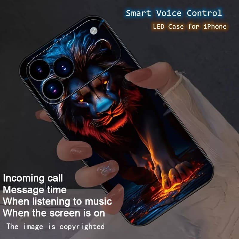 Flame Lion Dazzling LED Phone Cover Animal Glow For iPhone 17 Air 16 15 13 12 11 Pro Max 14 Plus 16e Luminous Shine Glass Case