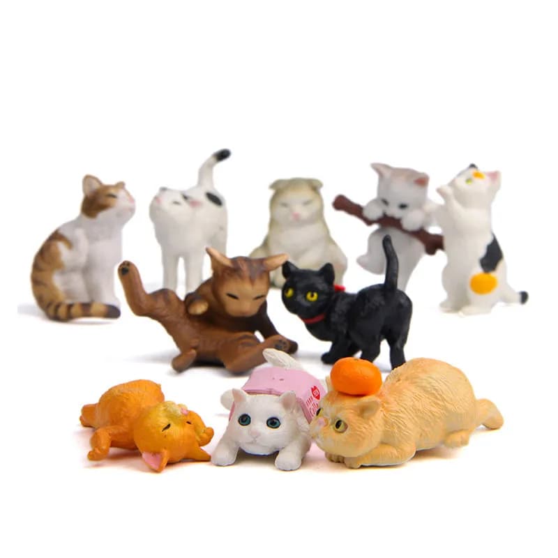 10pcs Mini Cat Figurines Cute Cat Animal Collection Playset Office Desktop Cake Topper Miniature Fairy Garden Decor Gift