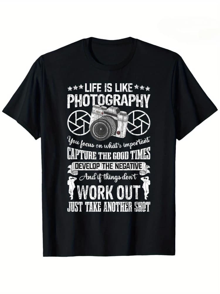 Funny Photographer Graphic-"Life is Like Photography"Design-100% cotton summer O-neck short sleeve printed men's T-shirt.