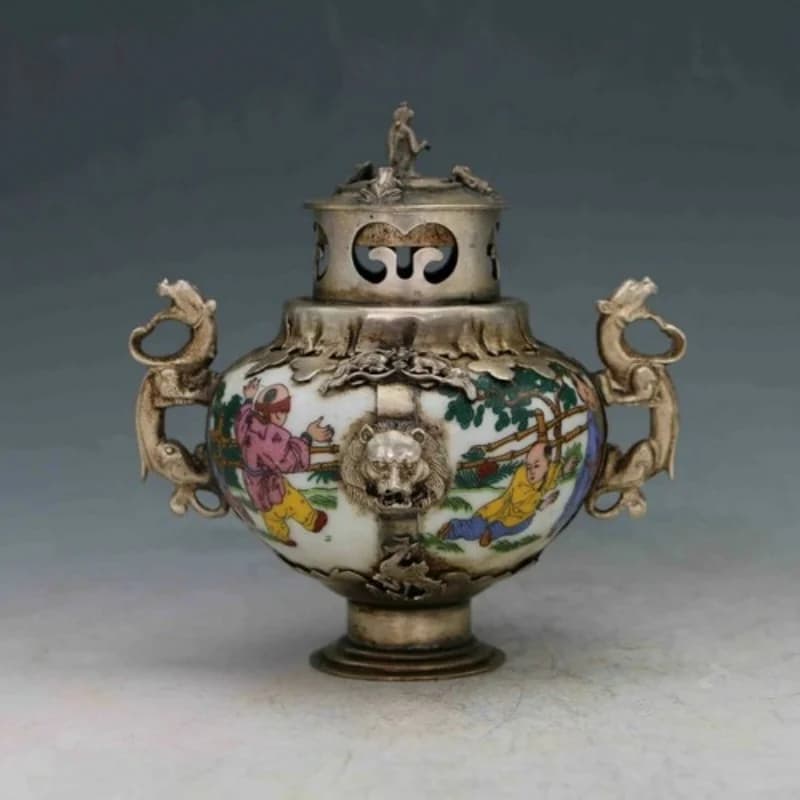 Incense burner Chinese antique porcelain inlaid with Tibetan silver