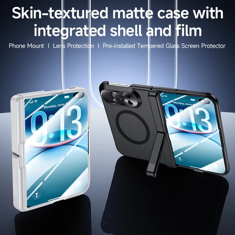 For iPhone Duo 5G Case Luxury Matte Skin-Friendly Magnetic Wireless Charging Bracket Hinge Tempered Film Shockproof Back Cover