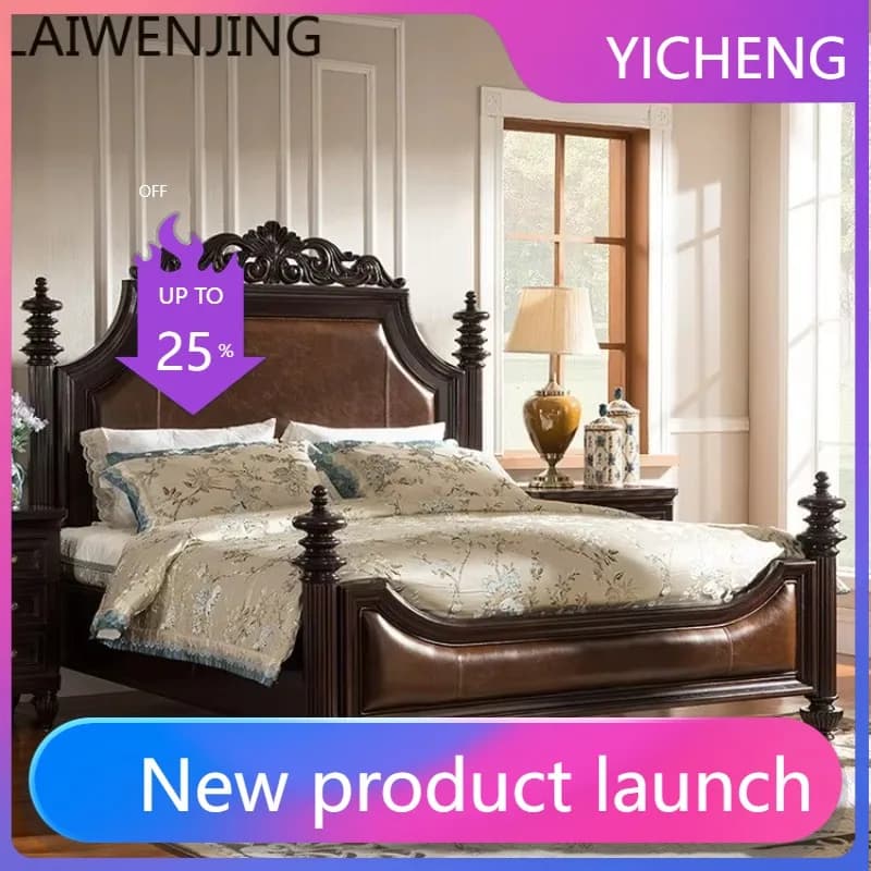 LYY  light luxury oak solid wood bed rural retro old 1.8 meters double bed carved high-end furniture