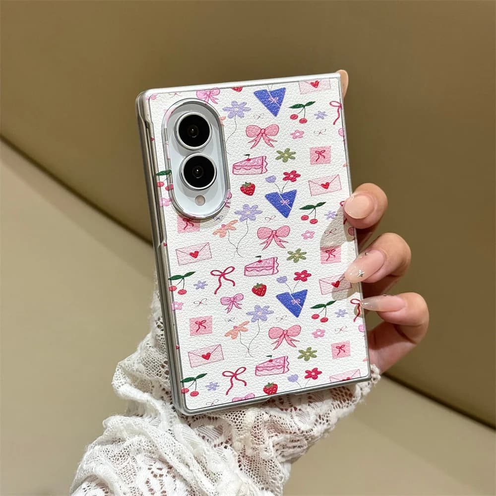 Fashion Cute Checkered Butterfly pink Phone Case For Samsung Galaxy ZFold 8 Ultra 7 6 5 4 Folding with Chain Protective Cover