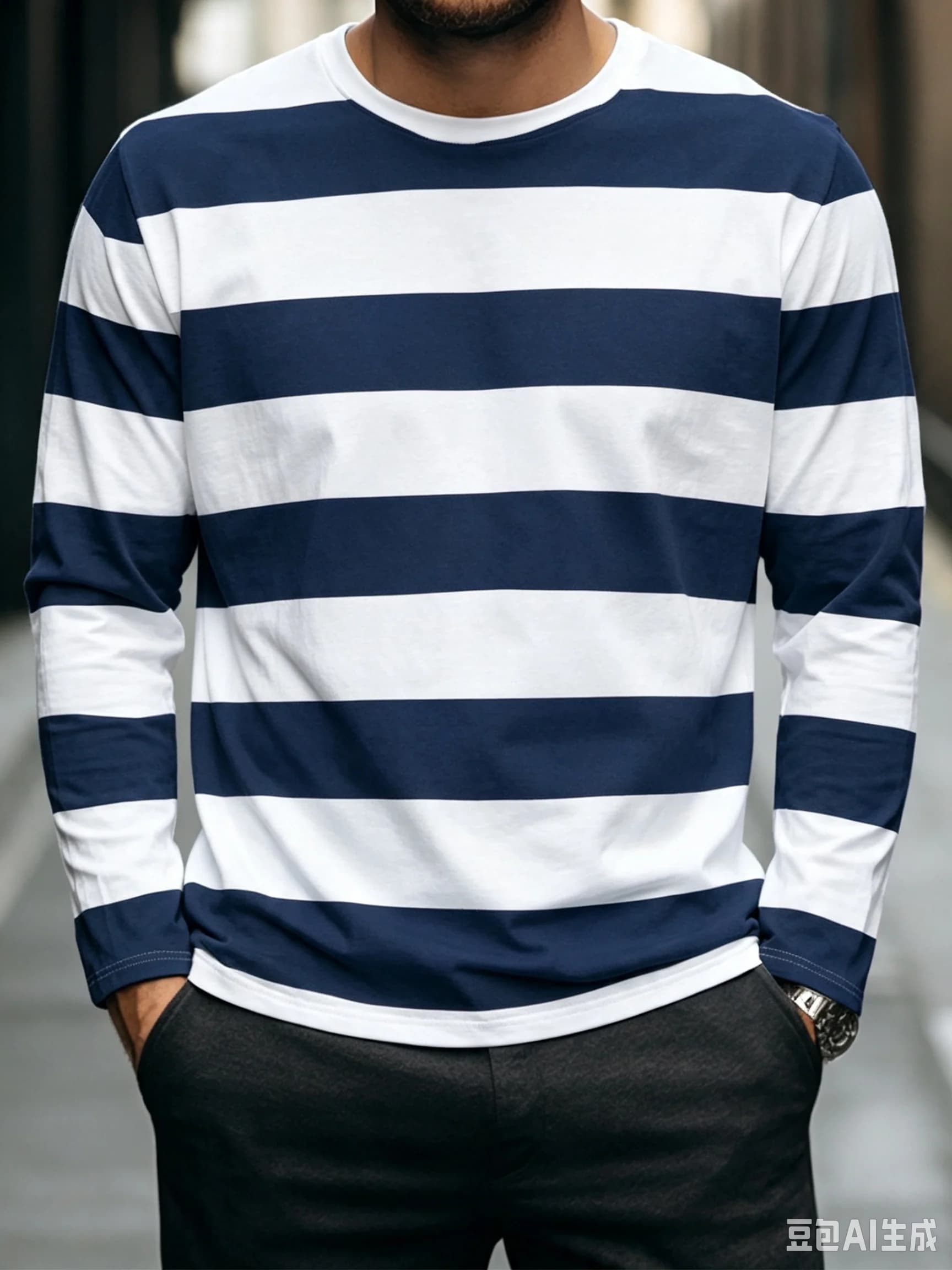 Men’s Wide Striped Long Sleeve T-Shirt Casual Crew Neck Leisure Pullover Top Spring Autumn Thin Lightweight Pullover
