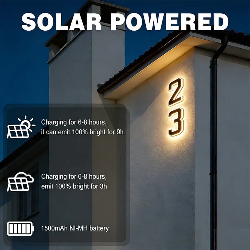 Solar Powered House Number Sign, Waterproof Digital Doorplate with DIY Letters, Modern Outdoor Wall Lamp for Address Display