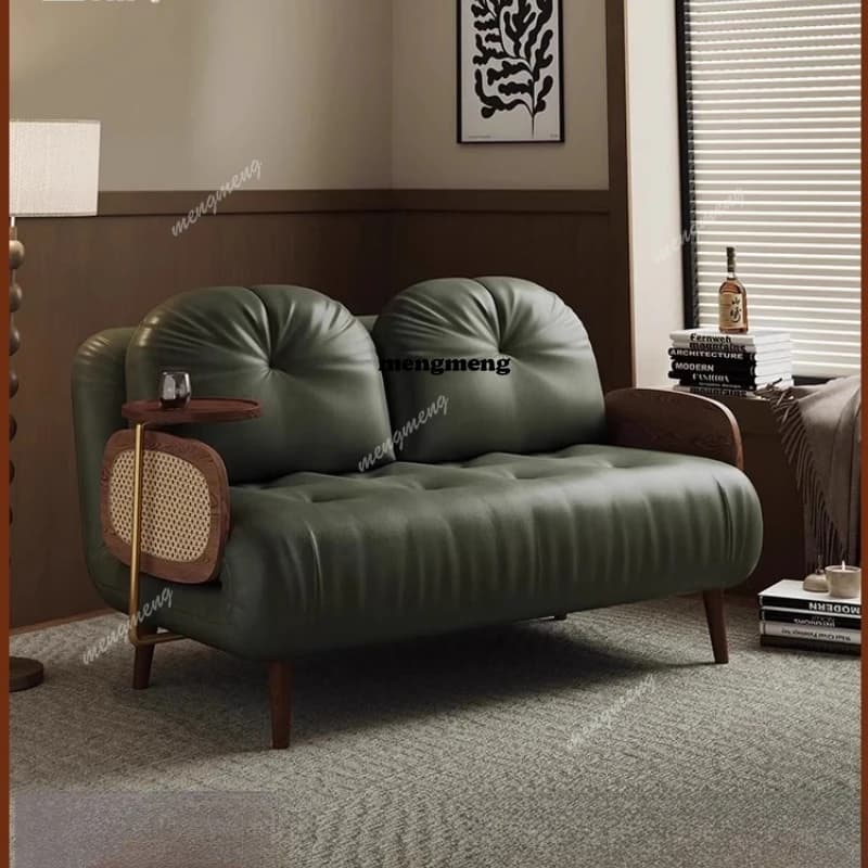 Medieval style solid wood leather sofa bed folding dual-purpose small apartment living room retro multi-functional balcony sofa