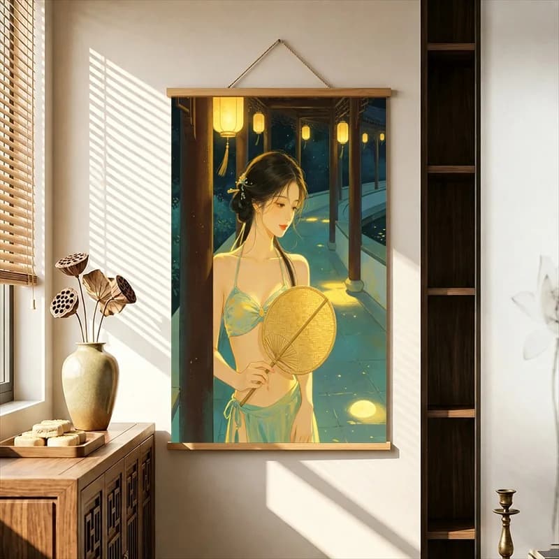 Wall Decorations Classical Women in Warm Lantern Interiors, Pearlescent Canvas Hanging Scroll for Boutique Hotel Interior Decor