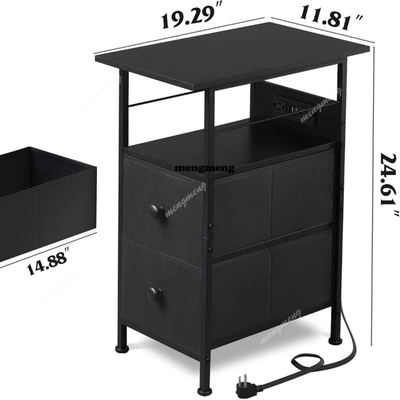 Charging Station End Table LED Light 2 Fabric Drawers and Open Shelf Black Bedside Tables Living Room Space Bedroom Night Stand