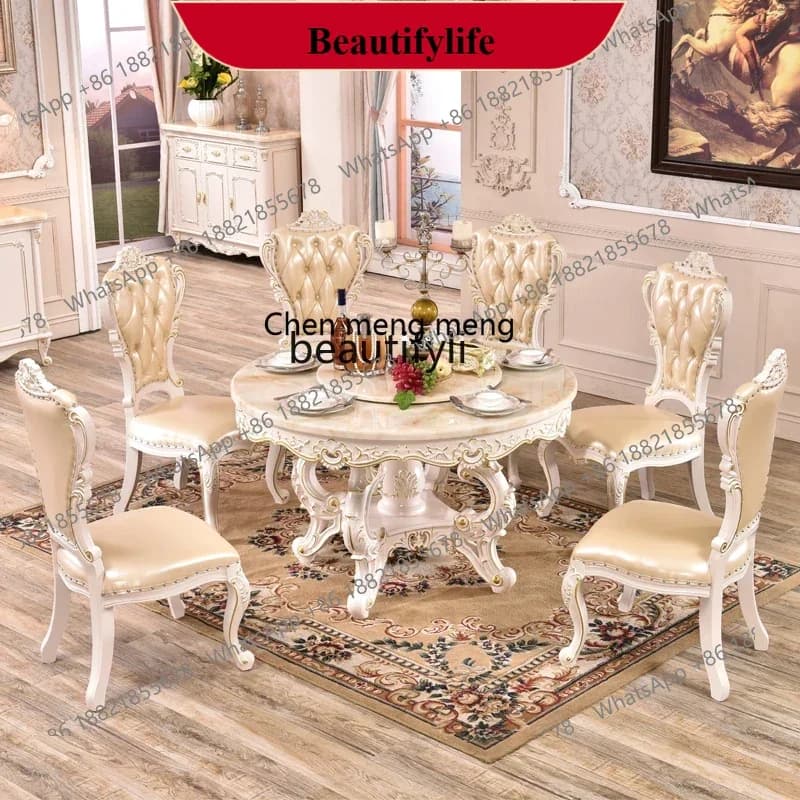 z183  European marble dining table, American luxury restaurant solid wood carving flower belt turntable household, round table