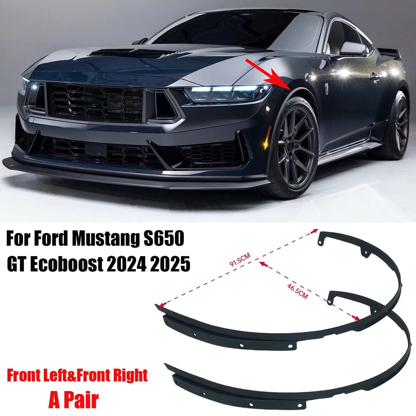 Front Wheel Eyebrow Arch Molding Fender Flare Mudguards Carbon Look For Ford Mustang S650 GT Ecoboost 2024 2025 APair