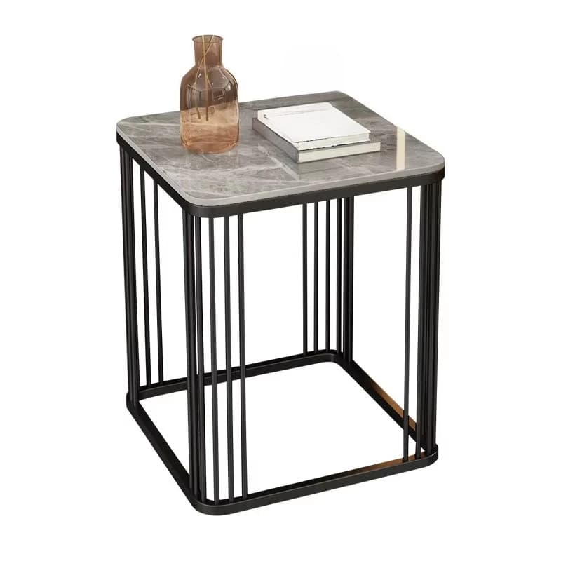 Modern side table with white marble exterior and gold metal strip frame for living room