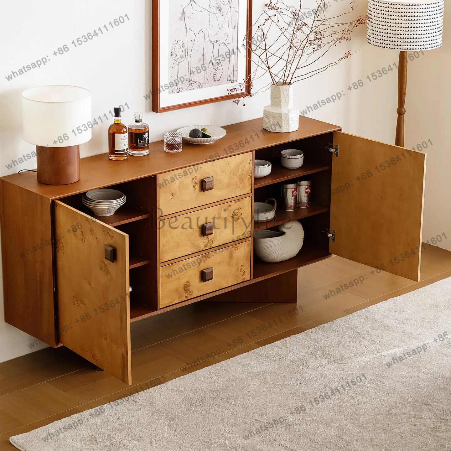 XX  Medieval Solid Wood Dining Side Cabinet, Natural Teak Veneer, Living Room Storage, Modern Simple Entrance Cabinet
