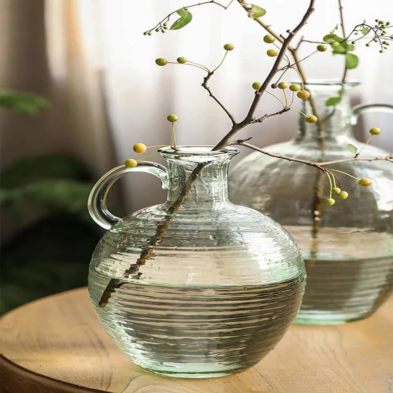 Green Single Ear Fine Mouth Clear Glass Vase Bell Ma Zuimu  New Decoration Living Room Table Flower Arranger Retro Nostalgia