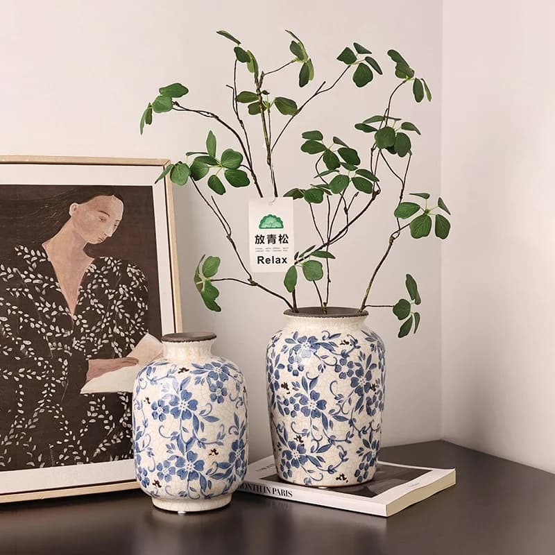 Retro Chinese Crackle Glaze Blue White Porcelain Vase, Luxury Ceramic Hydroponic Flower Vase, Aesthetic Home Living Room Desktop