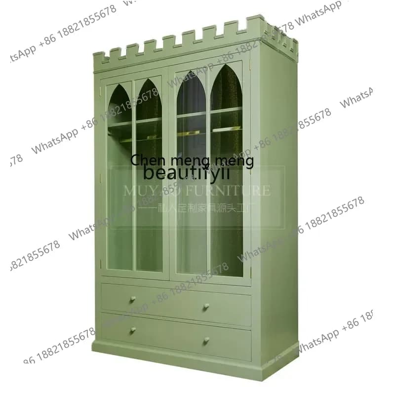 xx1French retro solid wood wardrobe double door glass, bedroom storage wardrobe