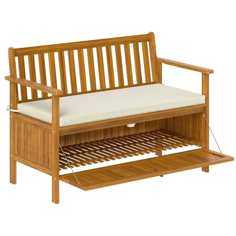 Outdoor bench with storage box, 28 gallon outdoor storage bench, Acacia wood garden seat with park cushion